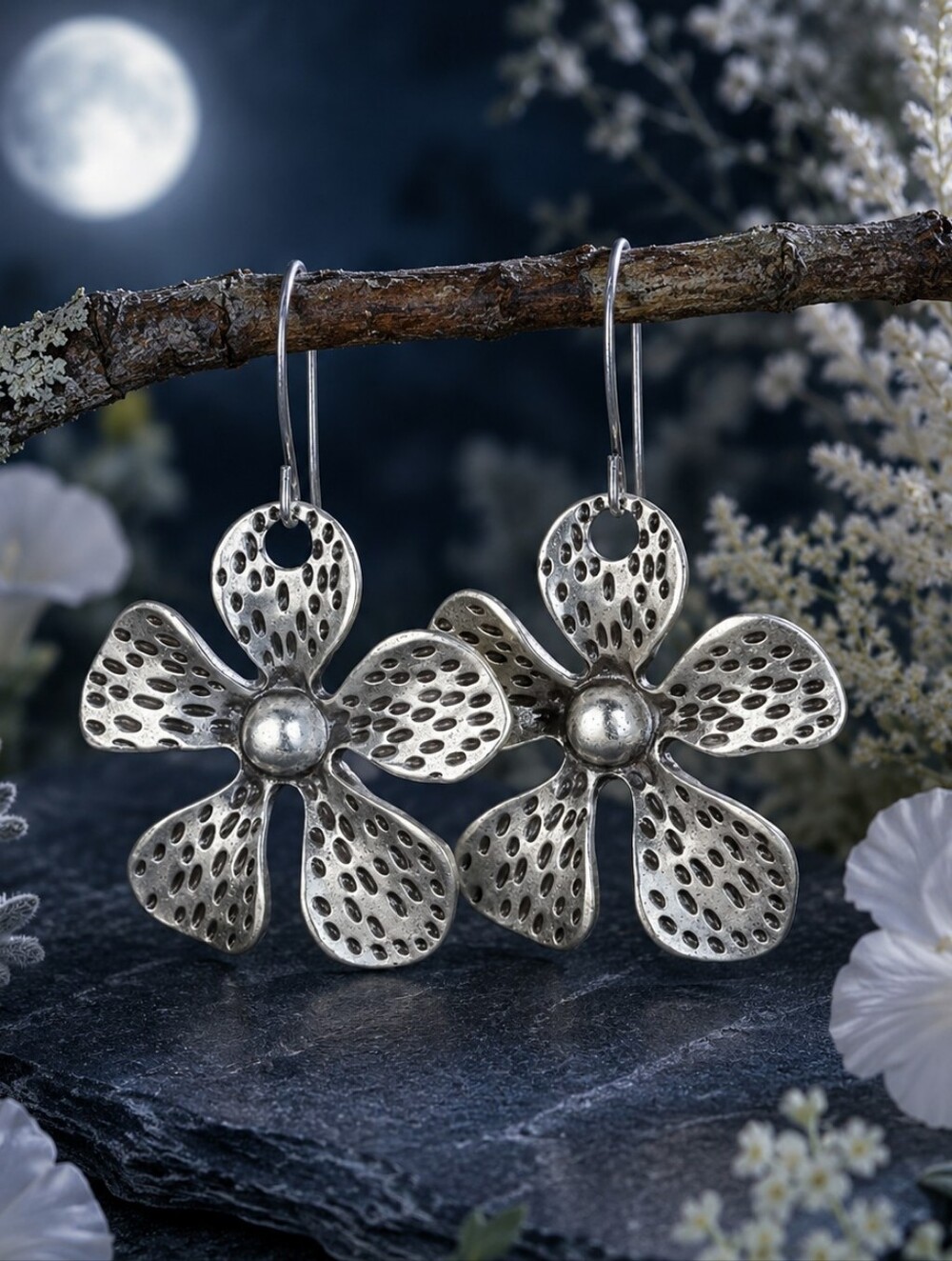 Silver Flower Earrings Artisan Botanical Jewelry Hand Crafted